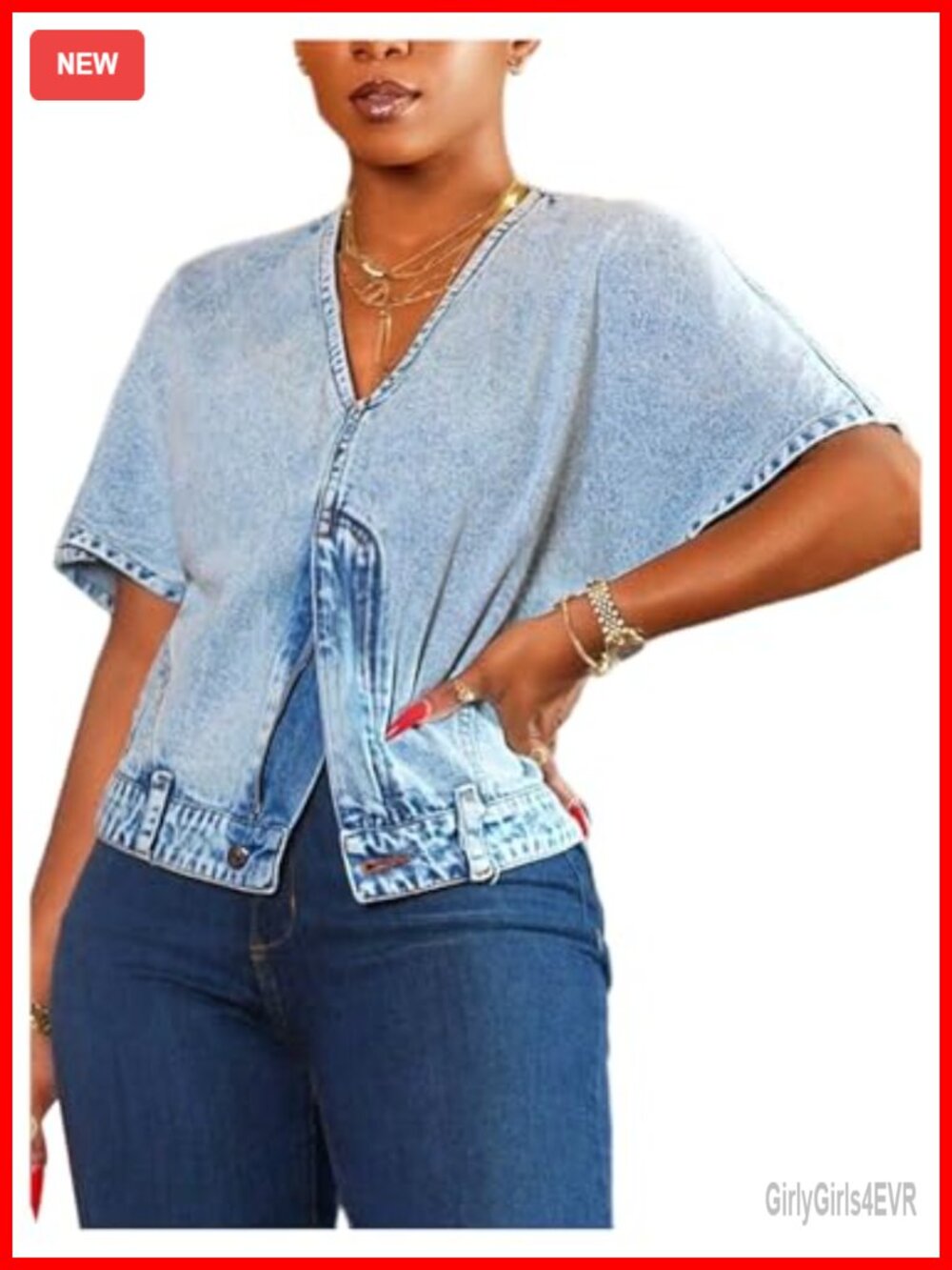 Women's Denim V Neck Short Sleeve Split Zipper Front Jean Blouse Top
